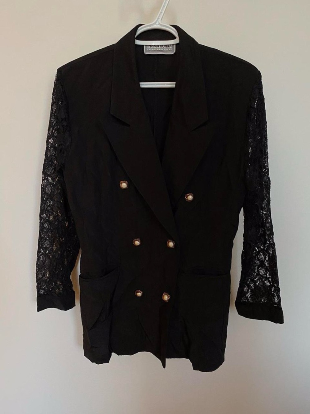 Vintage 90s Prima Donna Black Double-Breasted Blazer with Lace Sleeves